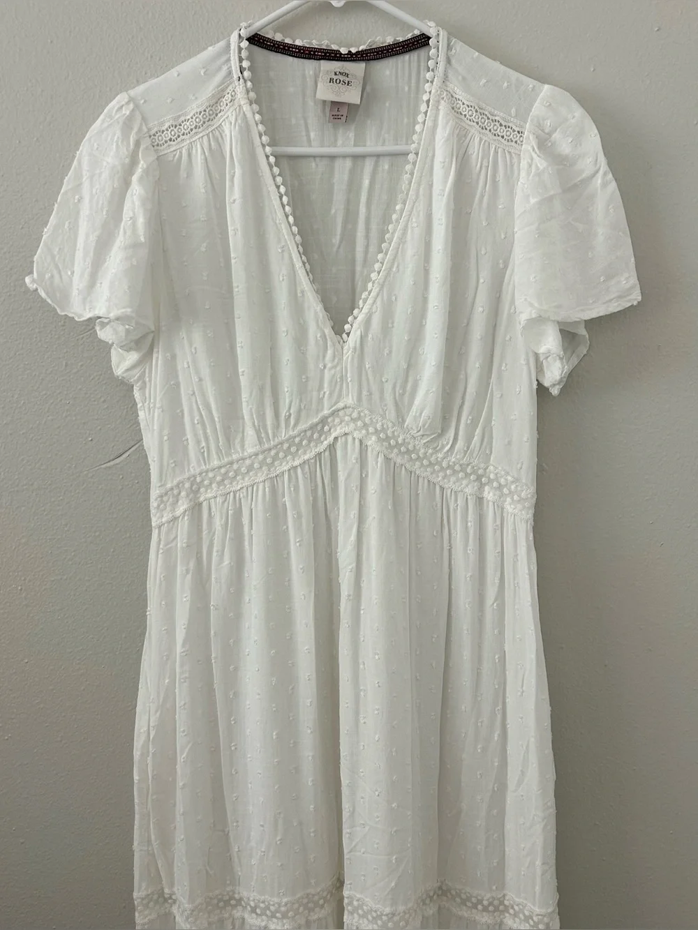 Knox Rose White Tiered Maxi Dress Women’s L Swiss Dot Lace Boho Romantic Beach